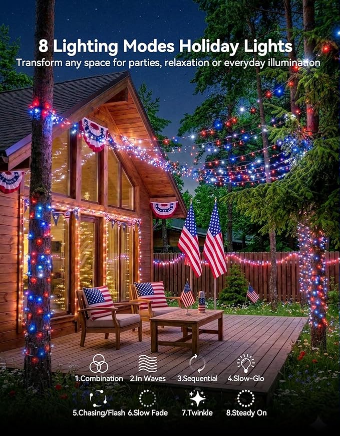 LitHome 99FT 300 LED Red White and Blue Lights Outdoor Waterproof 8 Modes Patriotic Lights Plug in Green Wire 4th of July Decoration String Light with Timer for Independence Day Tree Holiday Party