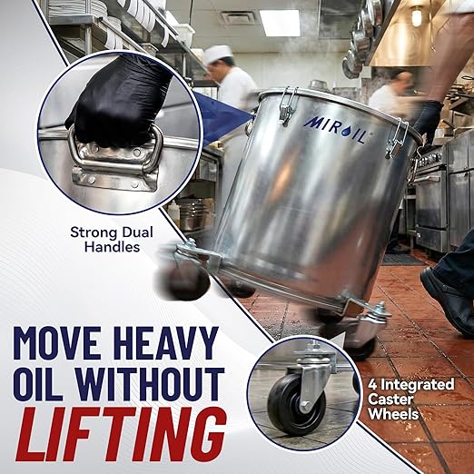 MirOil Oil Disposal Caddy with Caster Wheels (7 Gallon) – Heavy Duty Silver Filter Pot with Lid Lock for Commercial Kitchen Disposal Storage - Up to 55lb Grease Container for Kitchen - Model #60LC