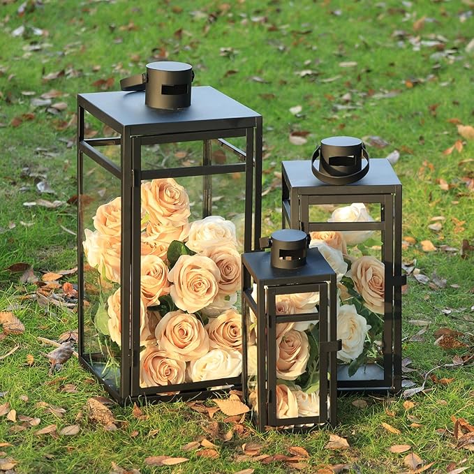 NEEDOMO Stainless Lanterns Decorative Outdoor &amp Indoor Set of 3 Outdoor Lanterns for Porch 22/ 17/14 Candle LanternStainless with Glass Water-Proof Farmhouse Patio Pathway Christmas
