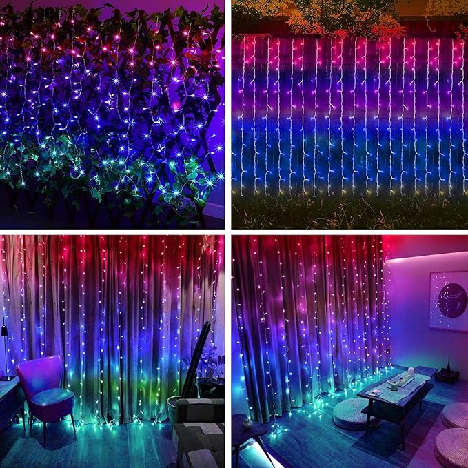 300 LED Solar Curtain Lights Outdoor Indoor Solar Christmas Lights Fairy Window Waterproof Twinkle 8 Modes Christmas Decoration for Home Patio (Multi-Colored)