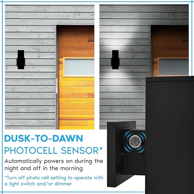 LUXRITE Dusk to Dawn LED Modern Outdoor Wall Light 10 Up or Up and Down Light 3CCT 3000K-5000K Waterproof Square Wall Sconce 15/20/24W Dimmable IP65 ETL Black - Exterior Porch Patio Garage