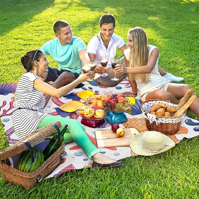 Waterproof Sandproof Beach Blanket 59''×68'' Ocean Shell Polyester Outdoor Picnic Blanket with 4 Stakes &amp Storage Bag for BeachCampingVacation Coral Reef
