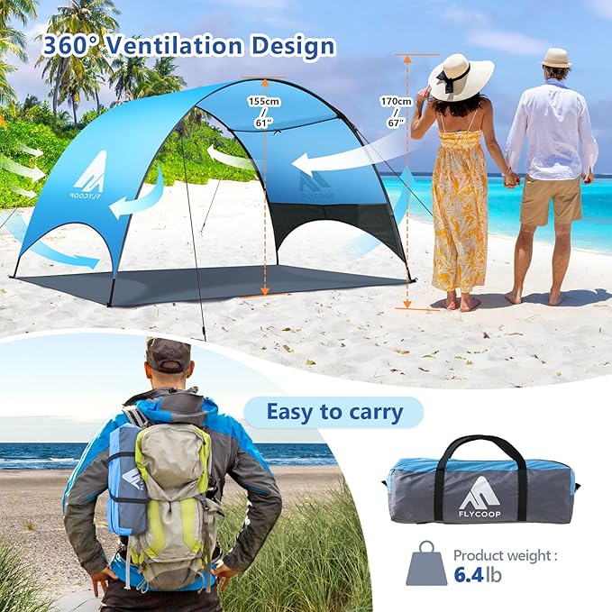 Beach Tent - Beach Shade Canopy Compact Fold (16.9x3.9″) Own Patent 360° Ventilation Large Side Storage Pocket UV Protection Portable Sun Shelter for Beach (Blue 106 * 65 * 61″)