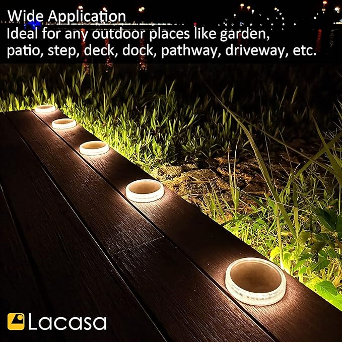 Lacasa Solar Deck Lights Driveway Walkway Dock Light Solar Powered Outdoor Waterproof Stair Step Pathway Ground LED Lamp for Backyard Patio Garden Auto On/Off - Warm White - 4 Pack