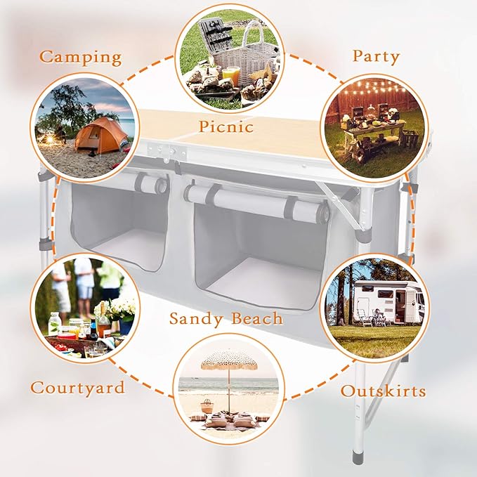 CampLand Outdoor Folding Table Aluminum Lightweight Height Adjustable with Storage Organizer for BBQ Party Camping