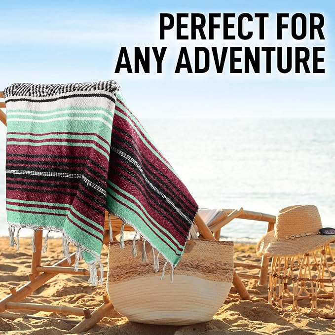 Hydration Nation Authentic Large Handwoven Mexican Blanket - Soft Yoga- Durable Serape- Lightweight Falsa Beach Camping Picnic Outdoor Blanket 70x50 - Miami Vice