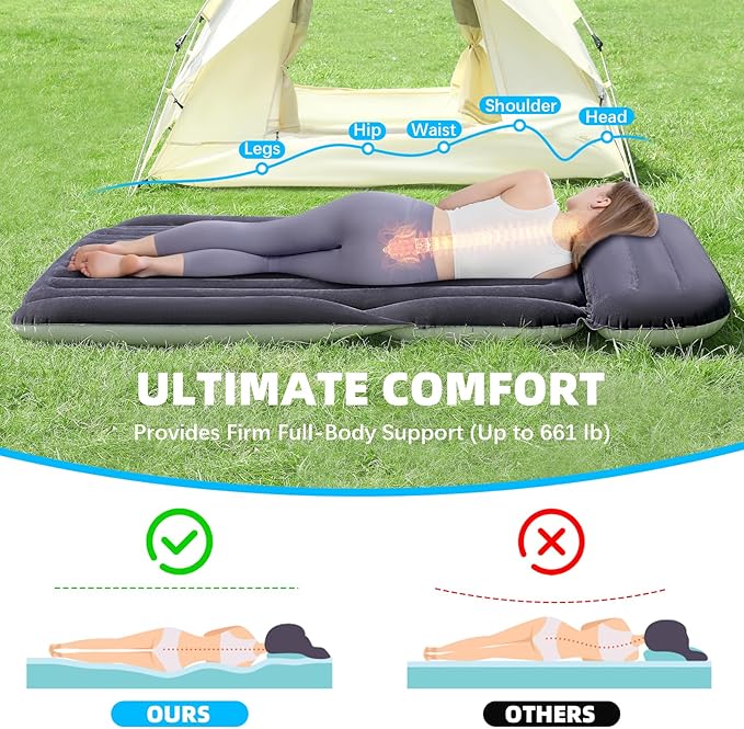 KMZ SUV Air Mattress with 2 Pillows – Thickened and Flocked Car Bed – Portable Travel Pad for Camping &amp Road Trips – Quick Inflate &amp Deflate with External Pump – Navy Blue+Light Gray