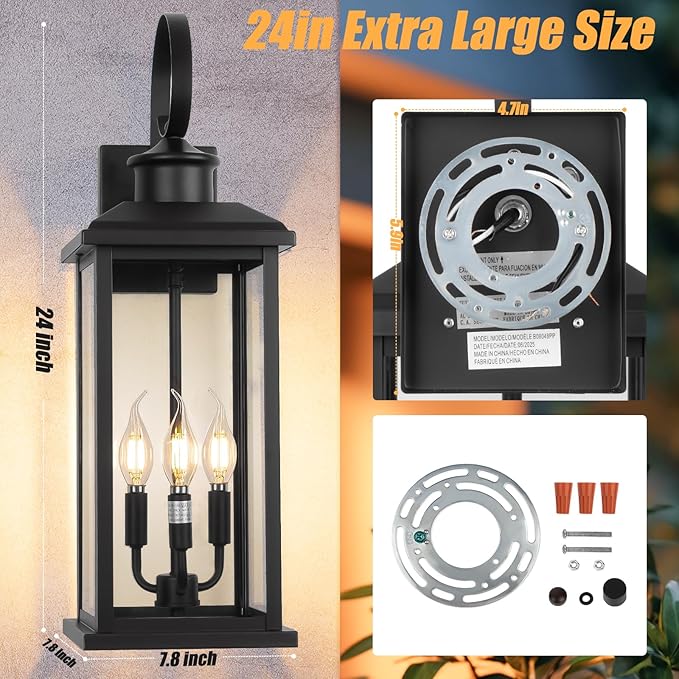 Large Outdoor Wall Light Fixture: 24in Black 3-Light Modern Porch Lantern Waterproof Exterior Lighting Sconce Wall Mount Outside Lamp for House Garage E12 Base