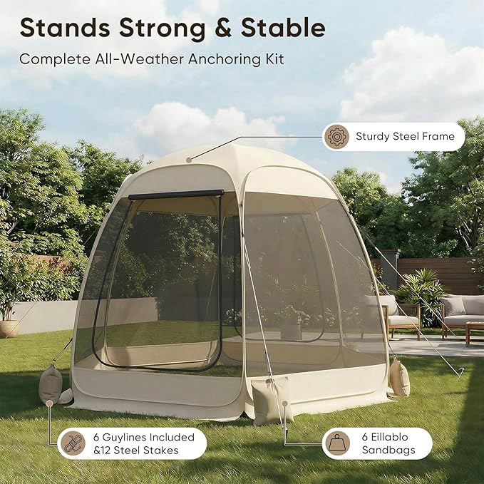 TABU Pop Up Screen House Tent 10x10 FT Screen Room Canopy with Mosquito Mesh Instant UV Resistant Shelter with Carry Bag for 6-8 Person Beige