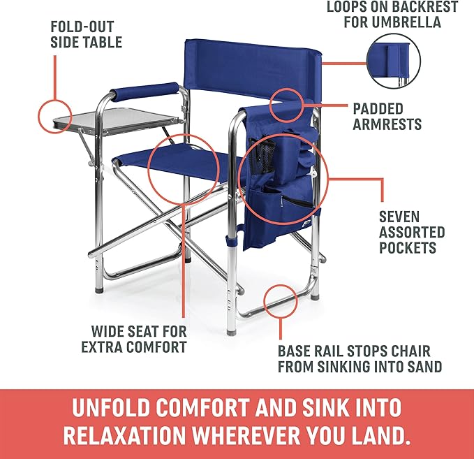 PICNIC TIME Sports Chair with Side Table and Armrest Caddy Lightweight Aluminum Folding Outdoor Camping Chair for Adults Portable Director Style Lawn Seating with Pockets &amp Carry Strap (Purple)