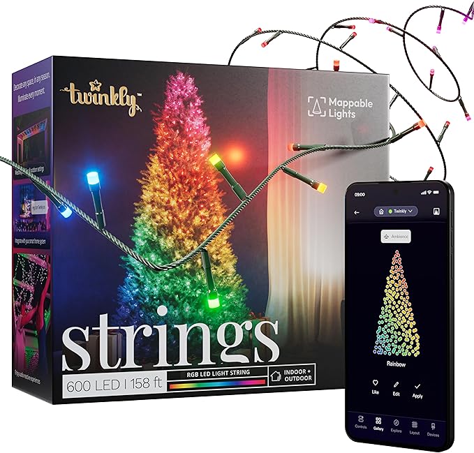 Twinkly Strings 600 LED RGB LED Light String Smart Multicolor LED Lights Christmas Lights Mappable LEDs IP44 Green Wire Packaging May Vary 157.5ft