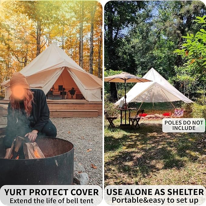 DANCHEL OUTDOOR Waterproof Rain Fly for Bell Tent 4 Season Yurt Tent Rain Cover Protector Tarp with/No Stove Jack Glamping Gears PU5000mm Lightweight 300D Oxford Polyester Beige(13ft/16.4ft/20ft)