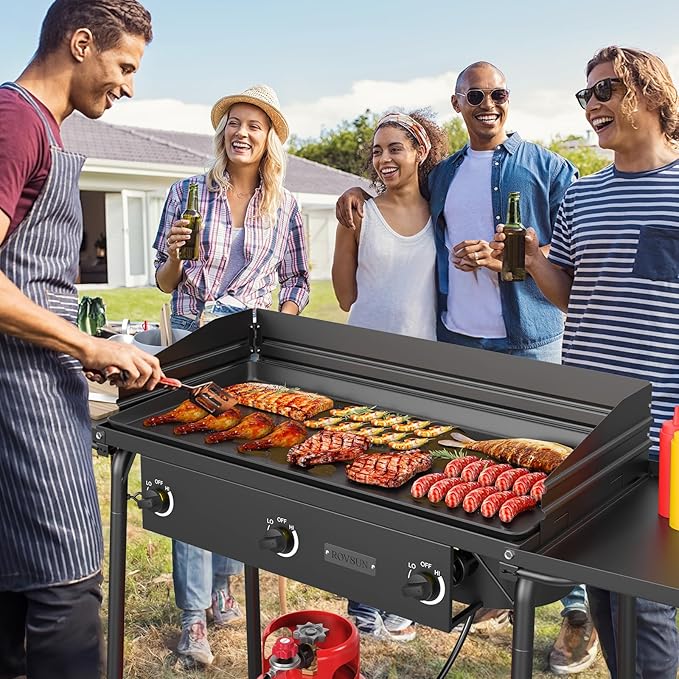 ROVSUN 3 Burner Gas Stove with 2 Side Shelves 225000BTU Portable Propane Stove with Removable Leg Wind Panel Regulator for Camping Home Backyard Outdoor Cooking Brewing Canning Turkey Frying