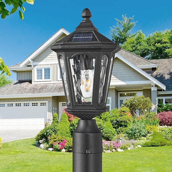 LED Post Solar Light Outdoor Dusk to Dawn Waterproof Pole Lighting with Remote Control Exterior Pillar Lantern 3 Lighting Modes Outside Solar Lamp for Patio Porch Garage Garden Pathway