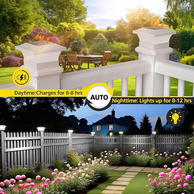 T-SUN Solar Post Cap Lights Waterproof Outdoor Solar Powered Deck Fence Post Lights for 4 X 4 Wooden/Vinyl Posts 6000K Cool White Lighting Decor for Deck Patio Garden Porch Fence(White -12 Pack)