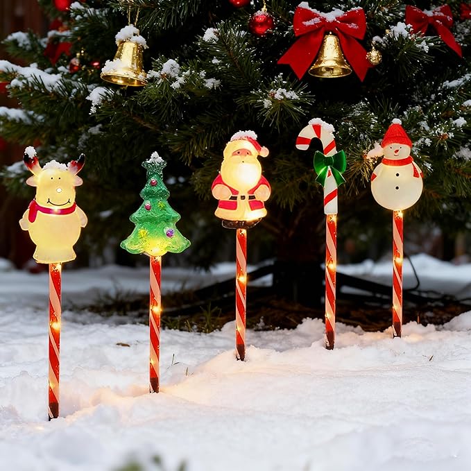 5 Pack Christmas Pathway Lights-Solar Powered Outdoor Garden Snowman Santa Claus Elk Christmas Tree Candy Cane Path Lights Landscape Lighting Waterproof Decorative Lights