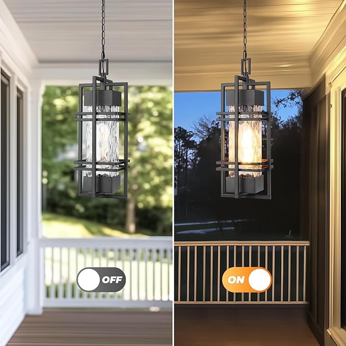 WIHTU Large Outdoor Pendant Light Fixture Modern Hanging Lantern Ceiling Mount Anit-Rust Waterproof Chandelier Lighting Exterior with Stone Bubble Glass for Porch Garage Gazebo Patio
