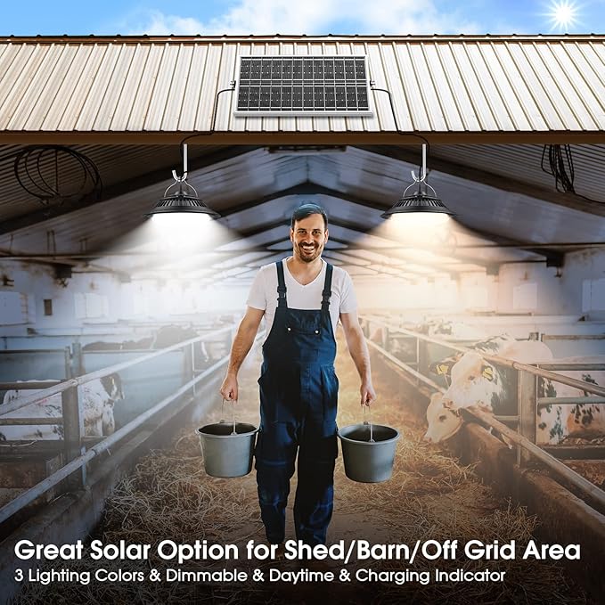 Solar Shed Lights Indoor 2 Pack 3200K/4000K/6000K Dimmable Daytime Available Pendant Lights Outdoor with ON Off Switch &amp Remote Solar Powered Hanging Chandelier Lights for Home Barn Garage