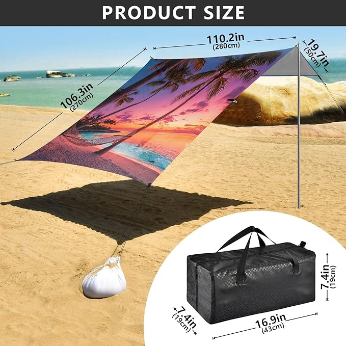 Bolaz Beach Canopy Tent Sun Shade9'×10.5' Large Family Beach Shade UPF50+- Outdoor Shade for Camping Trips FishingVibrant Sunset Beach Hammock