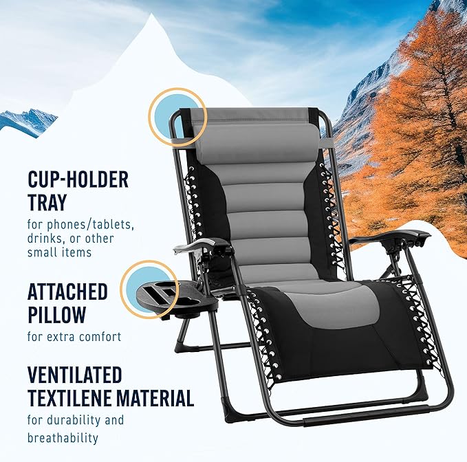 Trapper's Peak Padded Zero Gravity Chair with Removable Pillow and Side Table Grey/Black