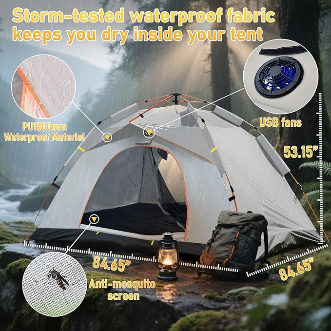 Instant Pop Up Tent for Camping - 2-3 Person Waterproof Tent with Air Circulation Fan UPF 50+ Sun Protection 60-Second Setup for Family and Backpacking