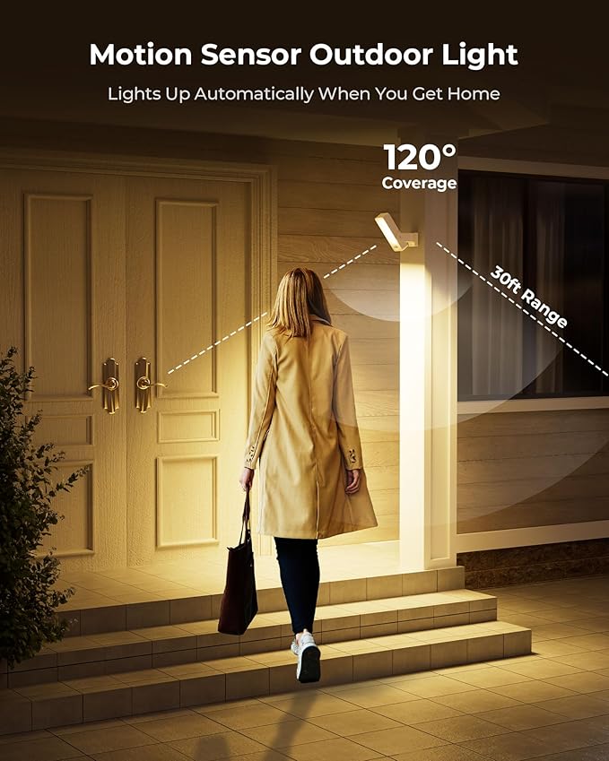 Motion Sensor Outdoor Light 10000mAh Rechargeable 600 Lumen Battery Operated Outdoor Light with 3 Modes 3 Color Temperatures Waterproof Outdoor Security Lights for House Fences Patio