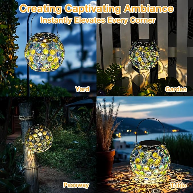 Uspring 2 Pack Crystal Mosaic Solar Lanterns Outdoor Waterproof Decorative Hanging Solar Lights for Outside Gifts for Women Mom Grandma Garden Decor for Patio Backyard Porch Pathway Walkway Blue