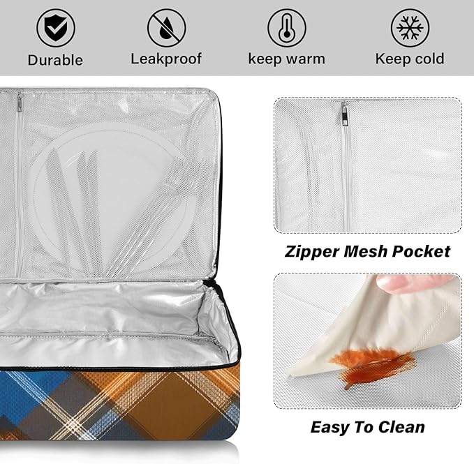 Casserole Carrier Blue Brown Tartan Pattern Insulated Casserole Carrier for Hot or Cold Food Thermal Lunch Tote for Parties Picnic Travel Carry Bag