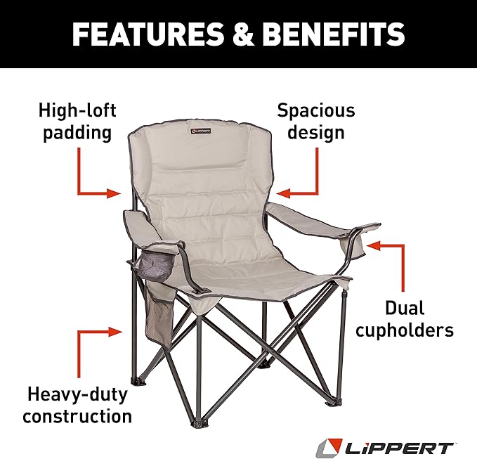 Lippert Campfire Deluxe Folding Chair - Sand High-Loft Foldable Cushion Chair Dual Cup Holders Power Coated Steel Frame Durable 600D Outdoor Polyester Fabric 500 lb. Capacity 2022114819