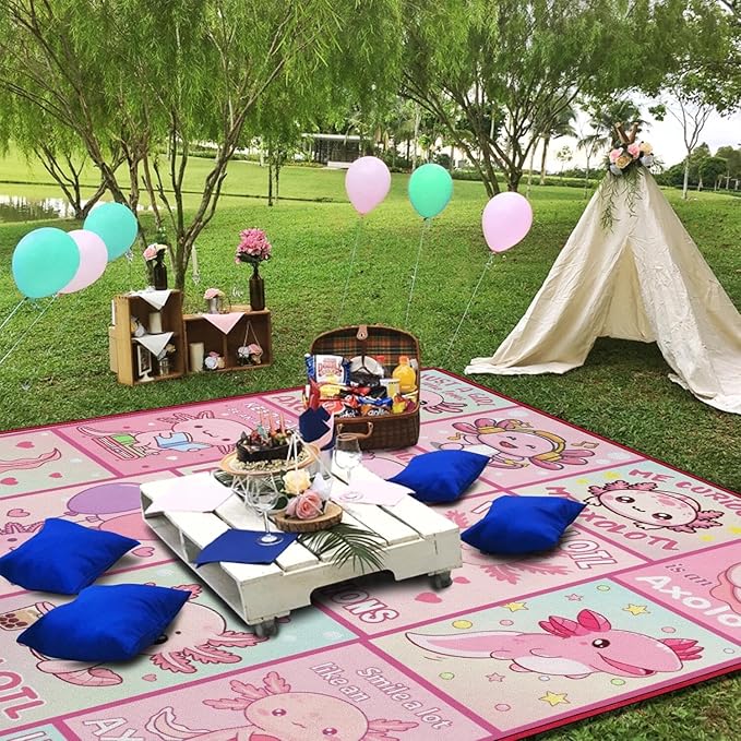 Extra Large Picnic Blankets Waterproof Foldable (80x 80) Axolotl Beach Blanket Waterproof Sandproof3-Layer Thicking Mat Outdoor Packable Camping Blanket
