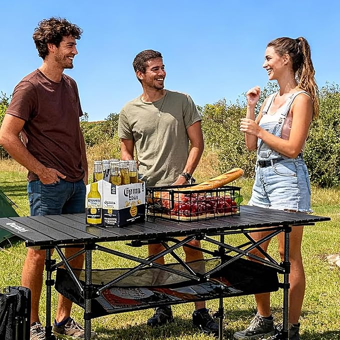 KINGROCK Camping Table Foldable Height Adjustable Aluminum Roll Up Table with Easy Carry Bag for Outdoor Camping Backyard BBQ Beach and Picnic (Black)