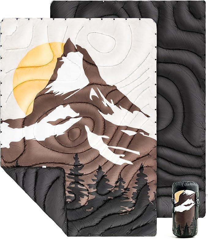 ONETIGRIS Ultralight Camping BlanketWaterproof Stadium Blanket Poncho Packable Puffy Quilt Puffy Printed Camping Blanket with Snap Buttons &amp Corner Loops