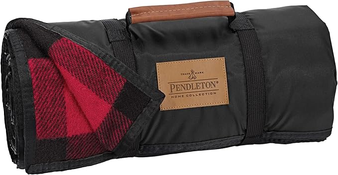 Pendleton Roll-Up Travel Blanket 60” x 70” Durable Wool Blanket with a Waterproof Nylon Backing Portable for Travel Camping and Picnics with Leather Handle Grip and Patch