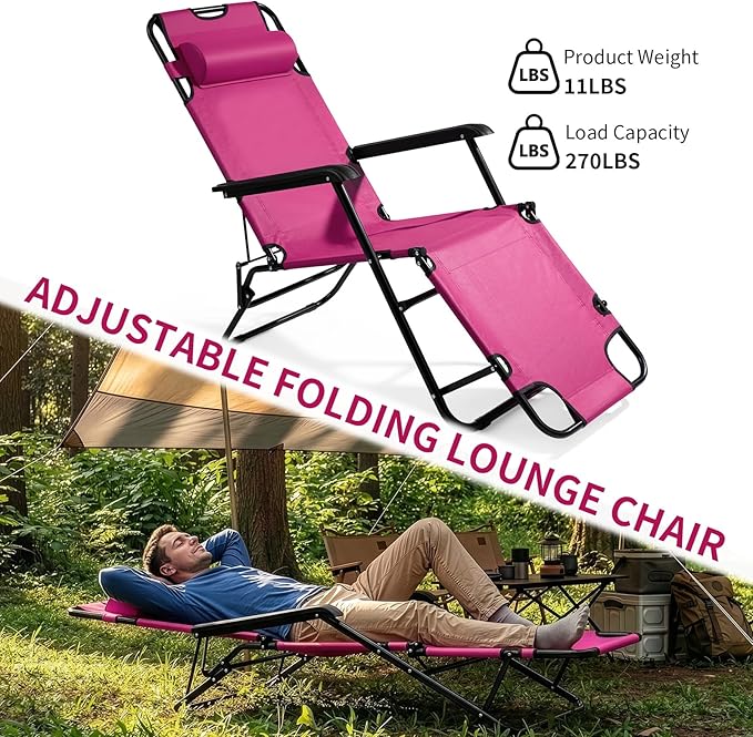 Reclining Camping Chair Portable Dual Purposes Extendable Folding Reclining Chair4 Adjustable Positions Patio Beach Chair for AdultsLawn Lounge Chairswith Headrestfor Garden Pool Sports (Pink)