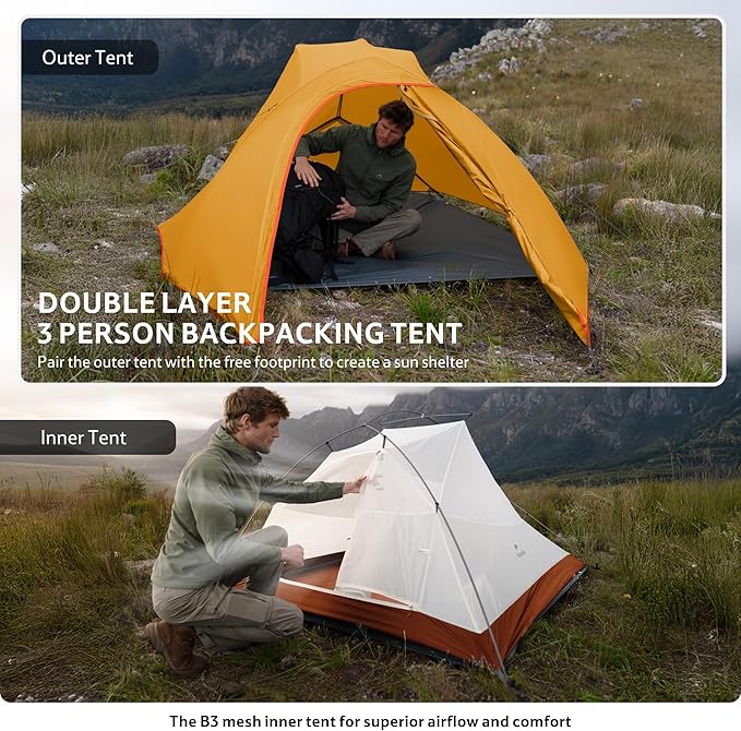 Naturehike Cloud Up 3 Person Backpacking Tent with Footprint - 3 Season Free Standing Lightweight 3 Person Camping Tent | with Footprint Free Standing Dome Camping Hiking Waterproof