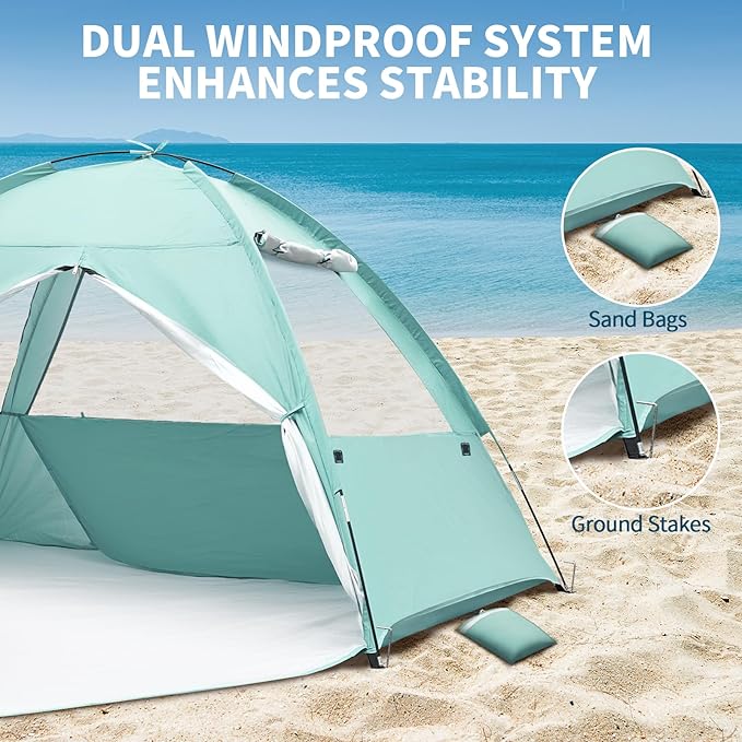Beach Tent for 3-4 Person Large Easy Setup Beach Shade Canopy with UPF 50＋ UV Protection Portable Shade Tent with 3 Ventilating Mesh Windows for Outdoor Picnics Fishing