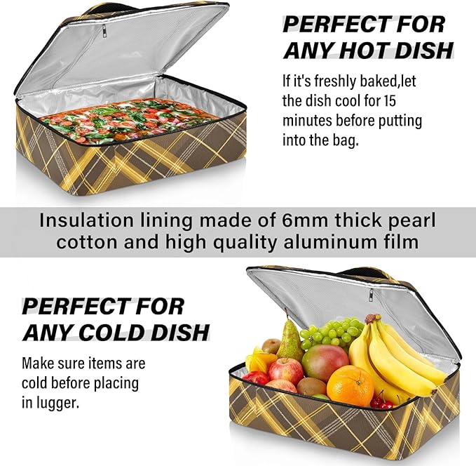 Casserole Carrier Yellow and Brown Tartan Pattern Insulated Casserole Carrier for Hot or Cold Food Thermal Lunch Tote for Parties Picnic Travel Carry Bag