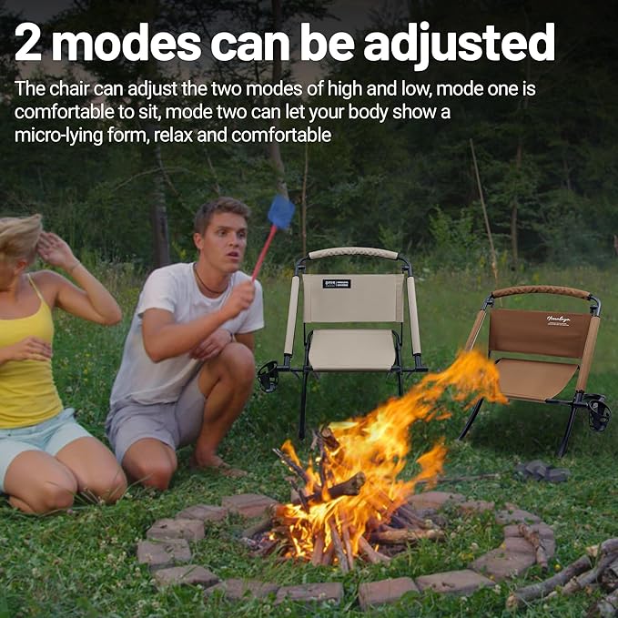 Folding Chair Double-Side Seat Camping Chair Usable On Both Sides One Chair Two Heights Carbon Steel Portable Foldable with Cup Holder for Camp Beach Picnic Patio Sports Brown Beige