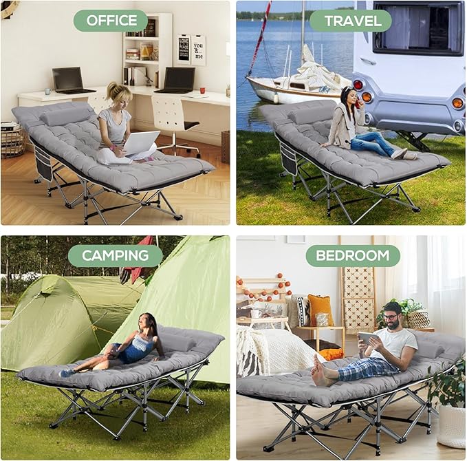 2 Pack Wide Folding Camping Cots with Pillow &amp Extra Thick 3 Inch Matress Cots for Sleeping 900 LBS Camping Bed for Adults with Cushion Sleeping Cot (Grey)