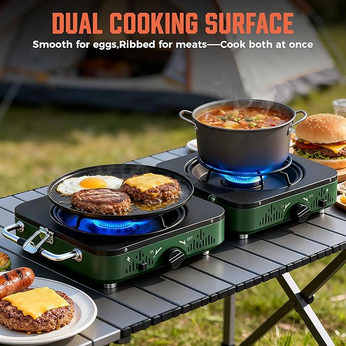BIG HORN OUTDOORS 2 Burner Propane Camping Stove Portable Camp Stove Folding Gas Stove Includes Frying Pan &amp Carry Bag for Camping Emergency Use and Outdoor Cooking