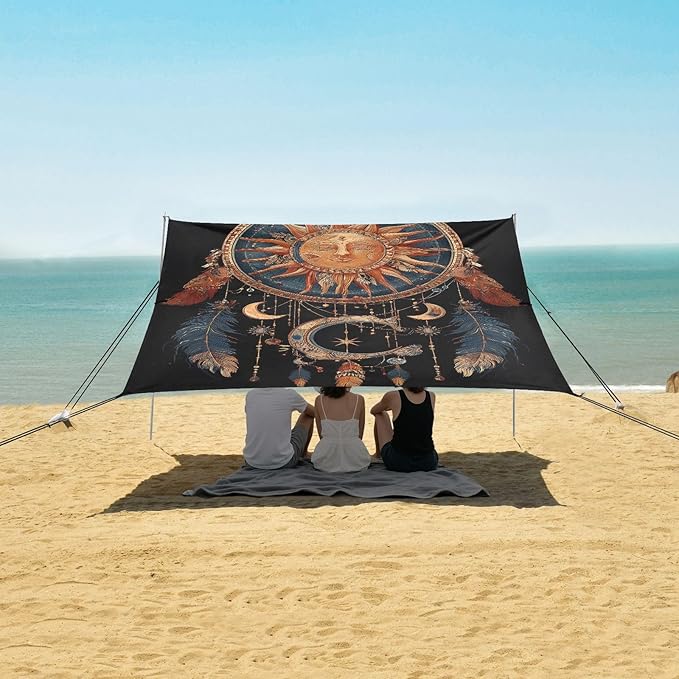 ALAZA Sun Moon Dreamcatcher Beach Tent Sun Shelter UPF50+ Protection Beach Shade Canopy w/ 4 Sandbags for Outdoor Camping Fishing Backyard Fun Picnic 10x9 ft