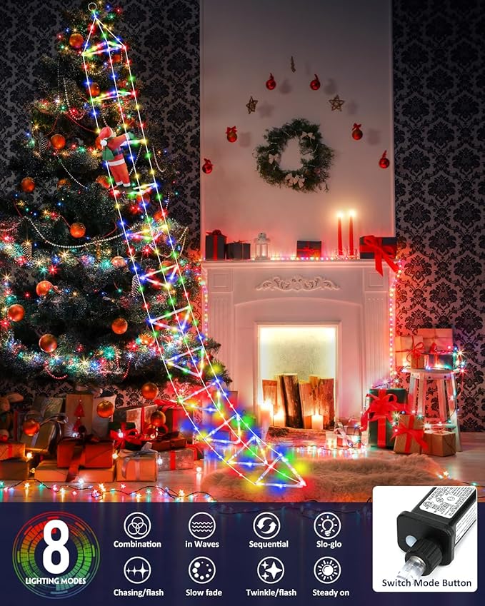 Christmas Decorations Lights Outdoor 9.8ft 3D Christmas Triangle Ladder Lights with Santa Claus Waterproof LED Christmas Lights with 8 Modes for Wall Home Garden Xmas Party Indoor Outdoor Decor