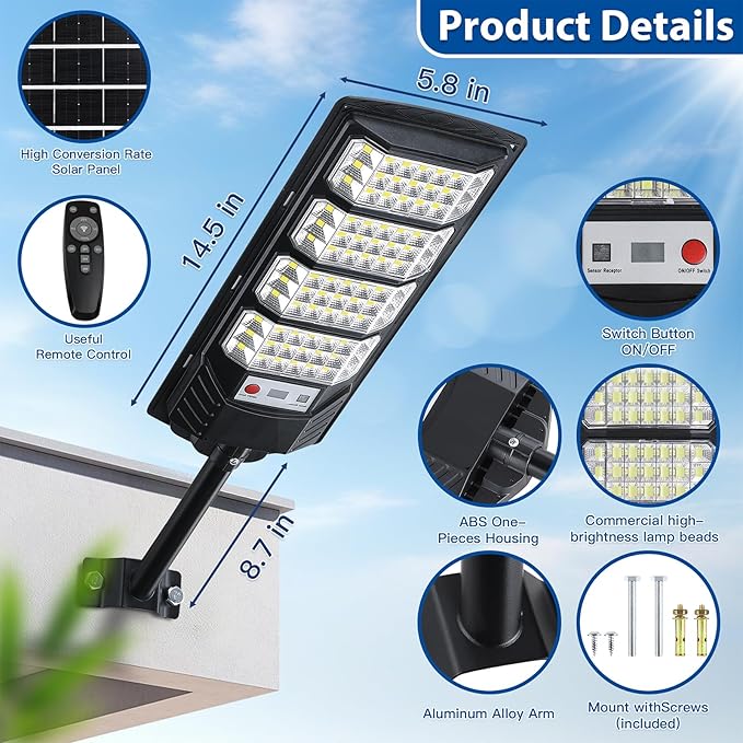6 Pack Solar Street Lights Outdoor Waterproof 6500K LED Motion Sensor Lights Dusk to Dawn Solar Flood Lights with RemoteParking Lot LightCommercial Area Lighting for Outside