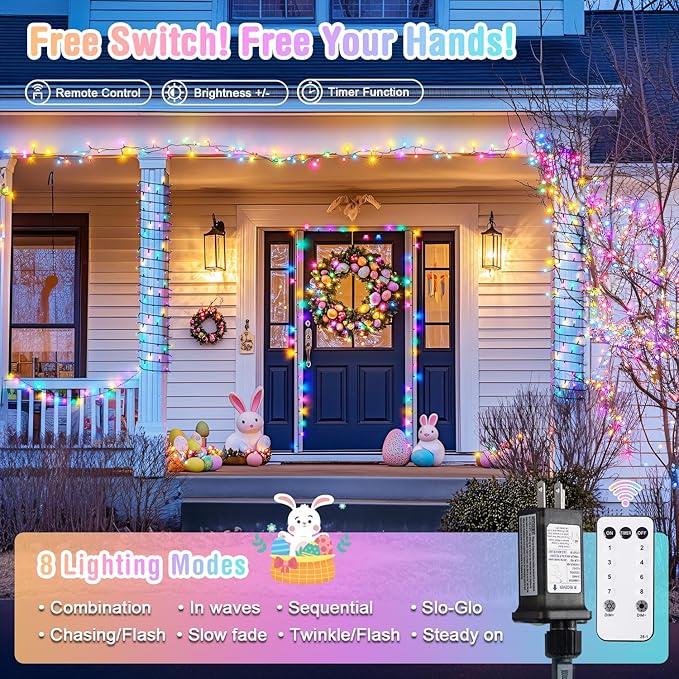 JMEXSUSS 400 LED Easter Lights Plug in 132ft Multicolor Easter Lights String with Remote Colorful String Lights for Bedroom Tree Room Party Easter Decorations