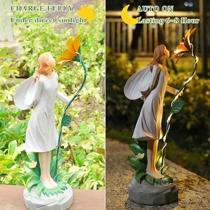 Fairy Garden Statue Outdoor Decor Solar Powered Garden Sculptures Fairy Resin Statues Waterproof Yellow Flower Solar LED Lights Yard Art Decorations for Outside Patio Lawn Decor