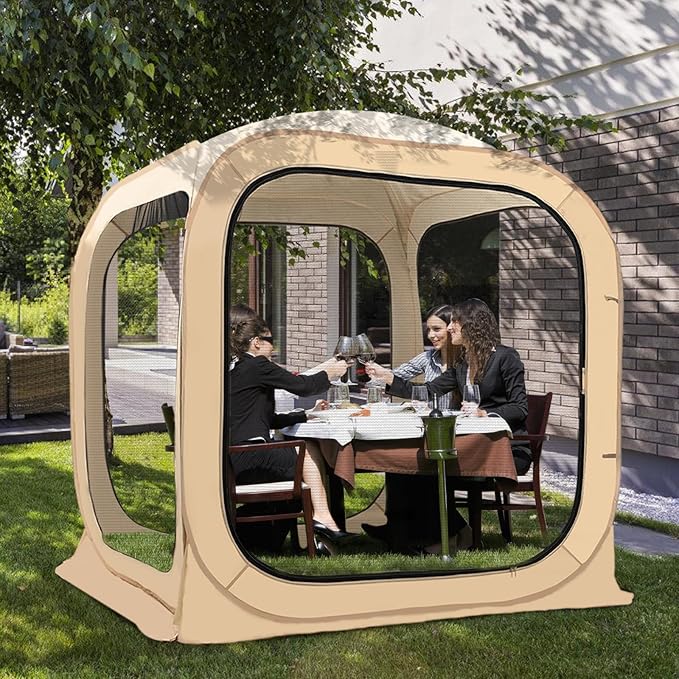 DoCred Screen House Tent Pop-Up 6 x 6 FT Portable Screen Room Canopy Instant Screen with Carry Bag for Patio Backyard Deck &amp Outdoor Activities Beige