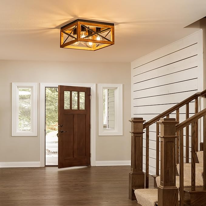 Farmhouse Ceiling Light 4-Light Flush Mount Ceiling Light with Black Metal and Wood Rustic Light Fixture for Hallway Entryway Kitchen