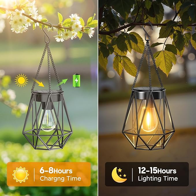 KOOPER 2 Pack Hanging Solar Lanterns Outdoor Waterproof Metal Hanging Solar Lights for Outside Upgraded Brighter Outdoor Lanterns Decorative for Garden Patio Yard Porch Gifts for Women Mom Grandma