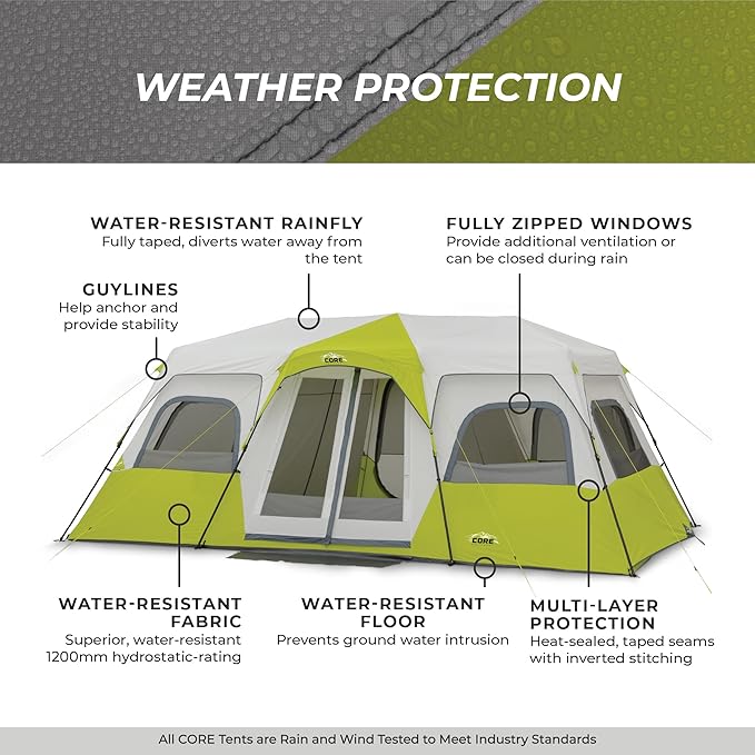 CORE Instant Cabin Tents | 6 Person / 9 Person / 10 Person / 12 Person Family Cabin Multi Room Pop Up Tents Car Camping | Included Storage Pockets for Camping Accessories