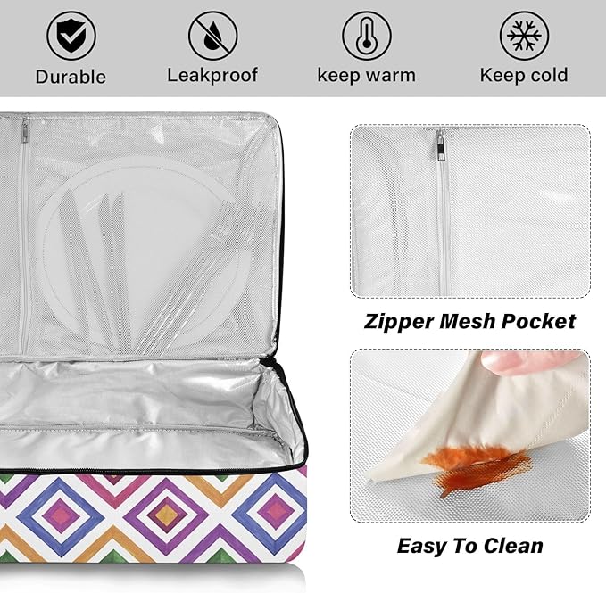 Casserole Carrier Colorful Triangles and Squares in Purple Insulated Casserole Carrier for Hot or Cold Food Thermal Lunch Tote for Parties Picnic Travel Carry Bag